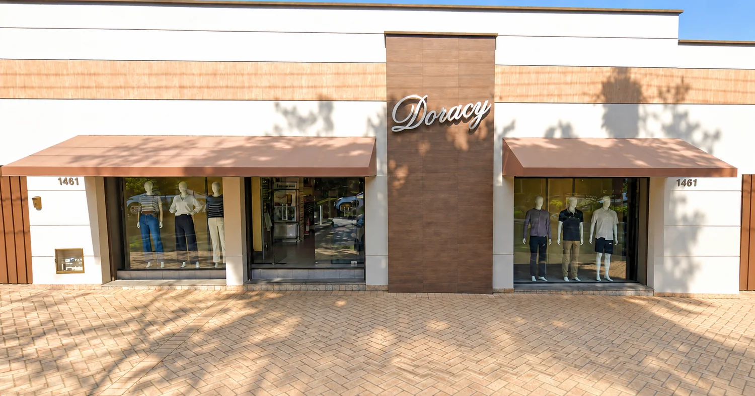 Fachada da Doracy Magazine com vitrines e letreiro, em fotografia tratada para remover carro e poste