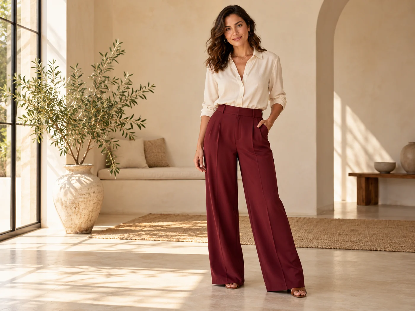Editorial ilustrativo: mulher com blusa clara e calça vinho em ambiente iluminado