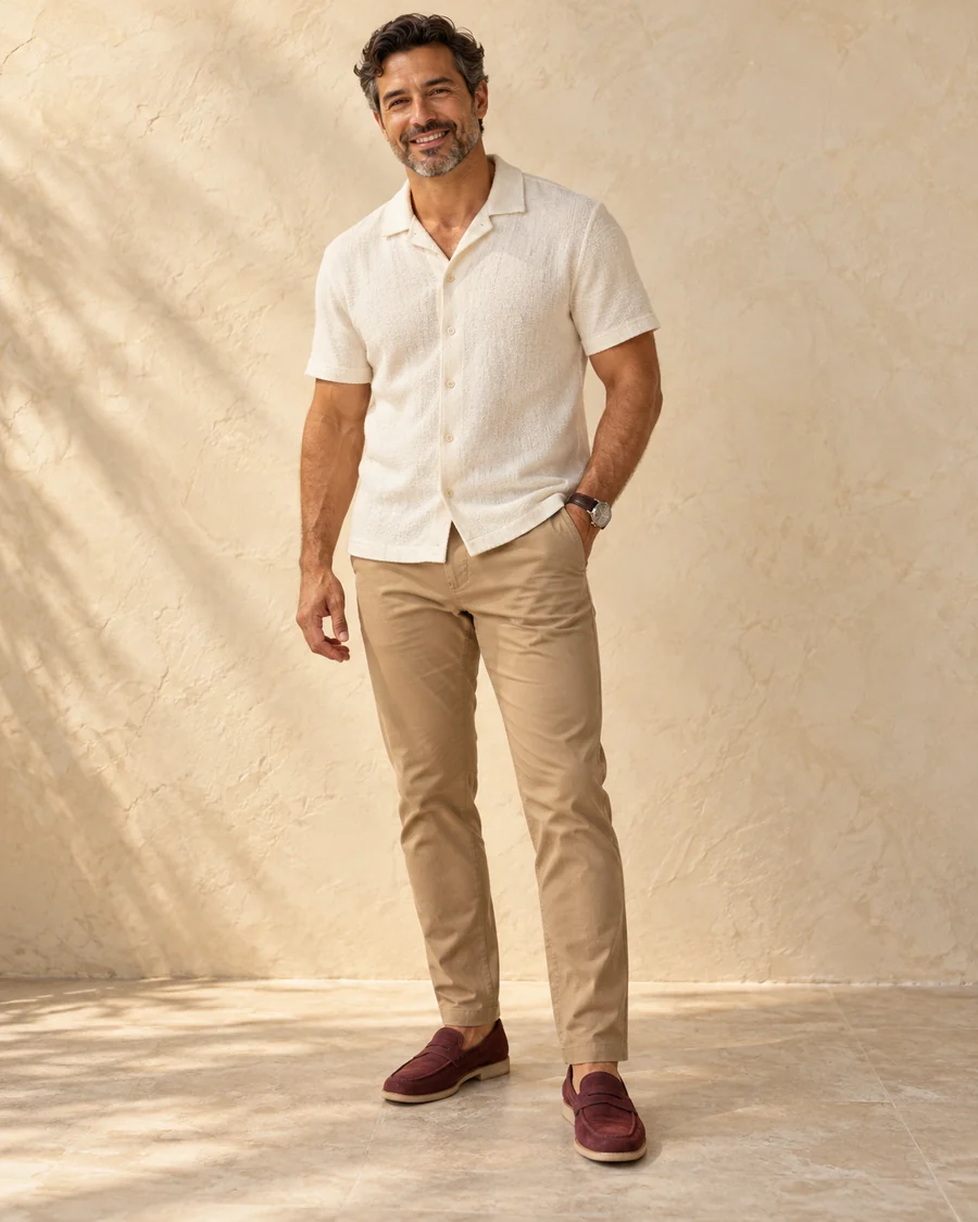Editorial ilustrativo de moda masculina casual com camisa e calça em tons neutros